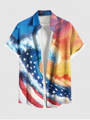 Plus Size Patriotic American Flag Sea Waves Ombre Sky Print Hawaii Button Pocket Shirt For Men - BLUE - S