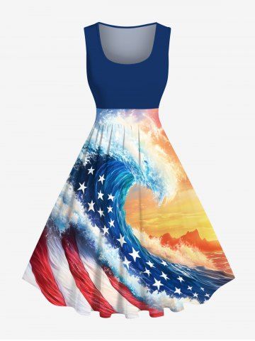 Plus Size Patriotic American Flag Sea Waves Ombre Sky Print Hawaii 1950s Vintage Swing A Line Dress - BLUE - 4X