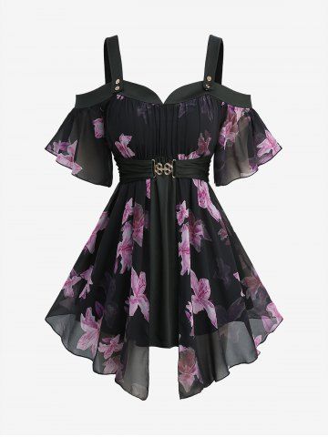 Plus Size Flowers Print Buckle Waist Chiffon Asymmetrical Cold Shoulder Blouse - BLACK - L | US 12