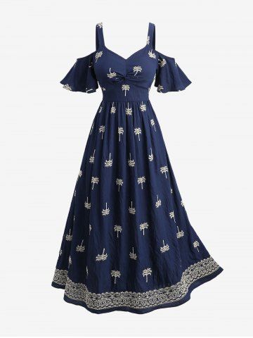 Plus Size Floral Pattern Coconut Tree Embroidery Twist Cold Shoulder Dress - DEEP BLUE - 2X | US 18-20