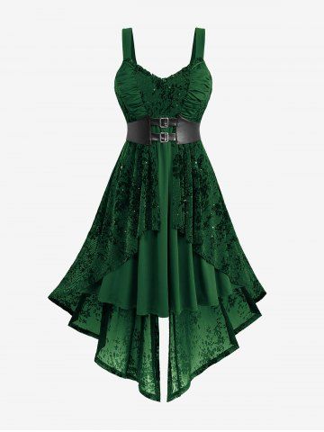 Gothic Plus Size Glitter Floral Flocking Ruched PU Panel Belted Split Layered High Low Asymmetric A Line Tank Dress - GREEN - 3X | US 22-24