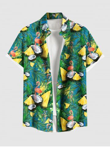 Chemise à boutons grande taille pour homme, imprimé flamant rose, feuilles tropicales, noix de coco et ananas. Motif hawaïen. Poche boutonnée. - GREEN - 2XL