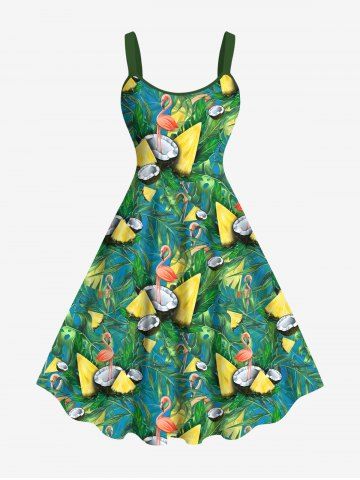 Plus Size Tropical Leaf Coconut Pineapple Flamingo Print Hawaii A Line Tank Dress - GREEN - XXS