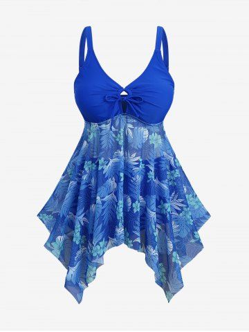 Plus Size Tropical Flowers Leaf Print Cinched Hollow Out Panel Asymmetrical Boyleg Tankini Swimsuit - DEEP BLUE - M | US 10