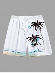 Plus Size Watercolor Sea Coconut Tree Print Hawaii Drawstring Beach Shorts For Men -  