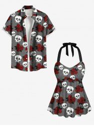 Skull Rose Flower Galaxy Print Shirt Swimsuit Plus Size Matching Hawaii Beach Outfit For Couples -  