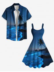 Coconut Tree Sea Wave Beach Ombre Galaxy Print Plus Size Matching Hawaii Beach Outfit For Couples -  