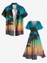 Coconut Tree Sea Ombre Dusk Sky Print Plus Size Matching Hawaii Beach Outfit For Couples -  