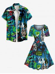 Cartoon Monster Tape Star Letters Graffiti Print Plus Size Matching Hawaii Music Beach Outfit For Couples -  