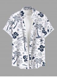 Plus Size Coconut Tree Floral Lemon Starfish Sailboat Print Hawaii Button Pocket Shirt For Men -  