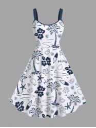 Plus Size Coconut Tree Floral Lemon Starfish Sailboat Print Hawaii A Line Tank Dress -  