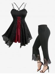 Haut Croisé Evasé à Ourlet en Dentelle de Grande Taille à Lacets - Noir 