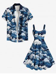 Sea Waves Print Plus Size Matching Cruise Hawaii Beach Outfit For Couples -  