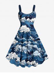 Robe Hawaiien Grande Taille Imprimé Vagues Marines Tressé sans Manches - Bleu XS