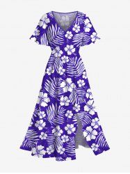 Robe Mi-Longue Fendue Fleur D'Hibiscus et Feuille Tropicale Imprimées de Grande Taille - Pourpre  3X