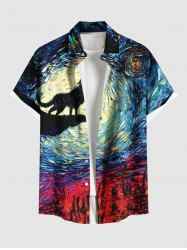 Plus Size Oil Painting Wolf Moon Swirls Print Buttons Pocket Hawaii Shirt For Men -  