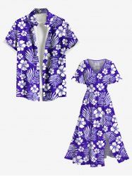 Tenue de Plage Hawaiien Imprimé Fleurs et Feuilles Tropicales Grande Taille pour Couples - Pourpre  