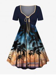 Plus Size Coconut Tree Tropical Flowers Seascape Print Cinched Hawaii Dress -  
