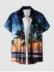 Plus Size Coconut Tree Tropical Flowers Seascape Print Buttons Pocket Hawaii Shirt For Men -  