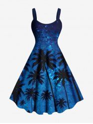 Robe Ligne A Arbre Noix de Coco et Galaxie Imprimés de Grande Taille à Paillettes - Bleu 6X