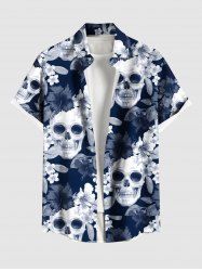 Plus Size Skull Hibiscus Flower Leaf Print Buttons Pocket Hawaii Shirt For Men -  