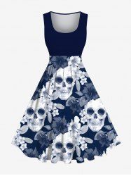 Robe D'Halloween Vintage Crâne Fleur Imprimées Grande Taille - Bleu de Minuit XXS