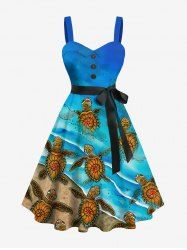 Plus Size Cute Turtle Sea Beach Print Hawaii Sea Creatures Ombre Turn-down Button A Line Dress with Removable Belt -  
