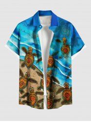 Plus Size Cute Turtle Sea Beach Print Hawaii Sea Creatures Ombre Button Pocket Shirt For Men -  