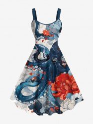 Robe Débardeur Hawaii Ligne A Fleur Nuage et Pieuvre Imprimés de Grande Taille - Bleu 4X