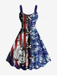 Plus Size 3D Lace Up Patriotic American Flag Camouflage Chain Print A Line Tank Dress -  