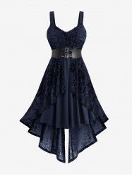 Gothic Plus Size Glitter Floral Flocking Ruched PU Panel Belted Split Layered High Low Asymmetric A Line Tank Dress -  