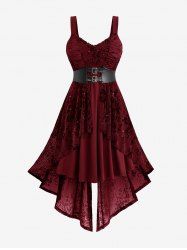 Gothic Plus Size Glitter Floral Flocking Ruched PU Panel Belted Split Layered High Low Asymmetric A Line Tank Dress -  