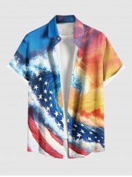 Plus Size Patriotic American Flag Sea Waves Ombre Sky Print Hawaii Button Pocket Shirt For Men -  