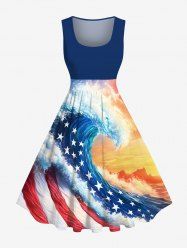 Robe trapèze vintage hawaïenne des années 1950, grande taille, motif drapeau américain patriotique, vagues de la mer, ciel ombré, imprimé - Bleu XXS