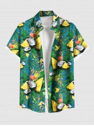 Chemise à boutons grande taille pour homme, imprimé flamant rose, feuilles tropicales, noix de coco et ananas. Motif hawaïen. Poche boutonnée. - Vert M