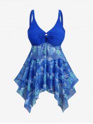 Plus Size Tropical Flowers Leaf Print Cinched Hollow Out Panel Asymmetrical Boyleg Tankini Swimsuit -  