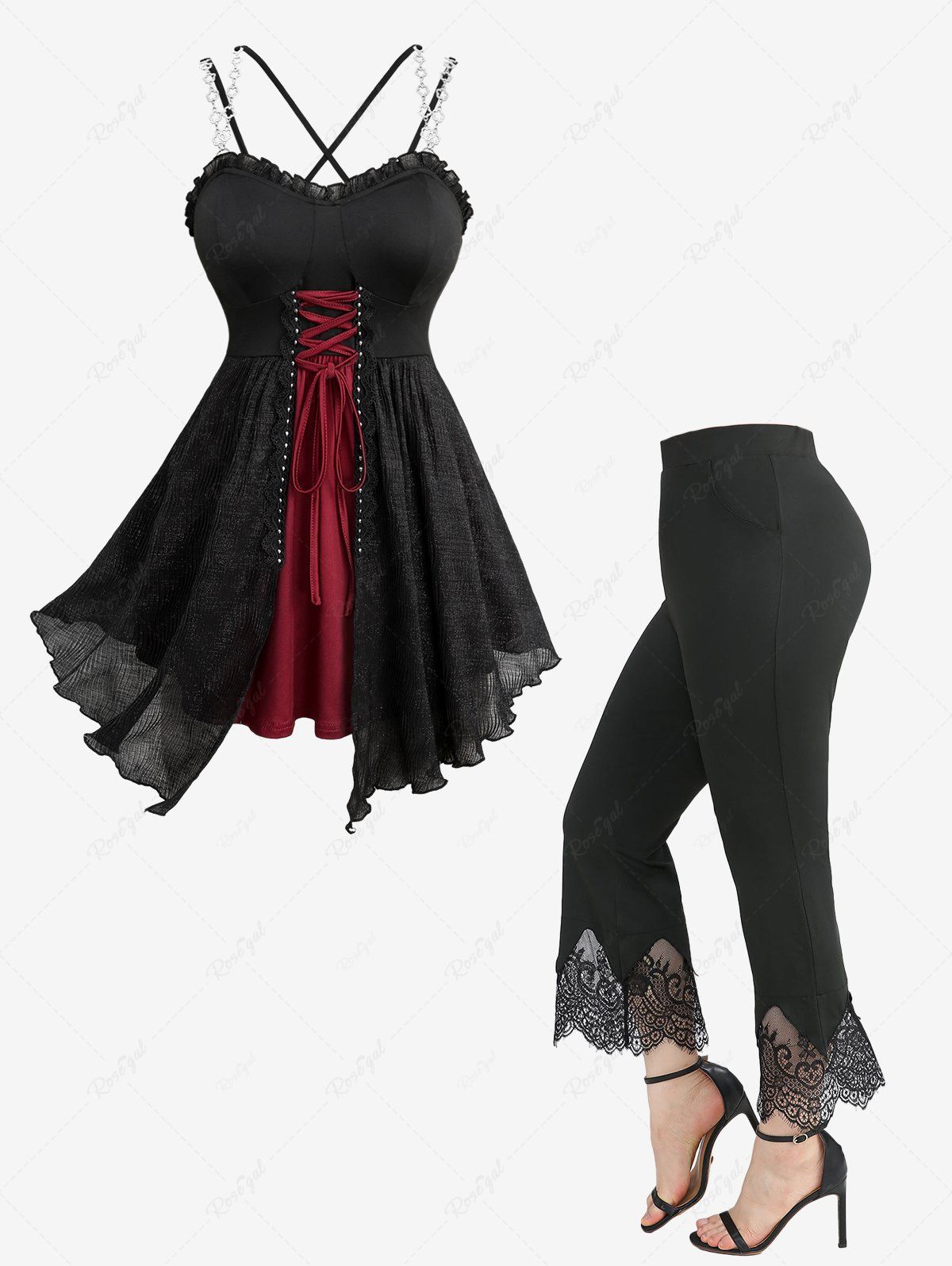 Haut Croisé Evasé à Ourlet en Dentelle de Grande Taille à Lacets Noir 
