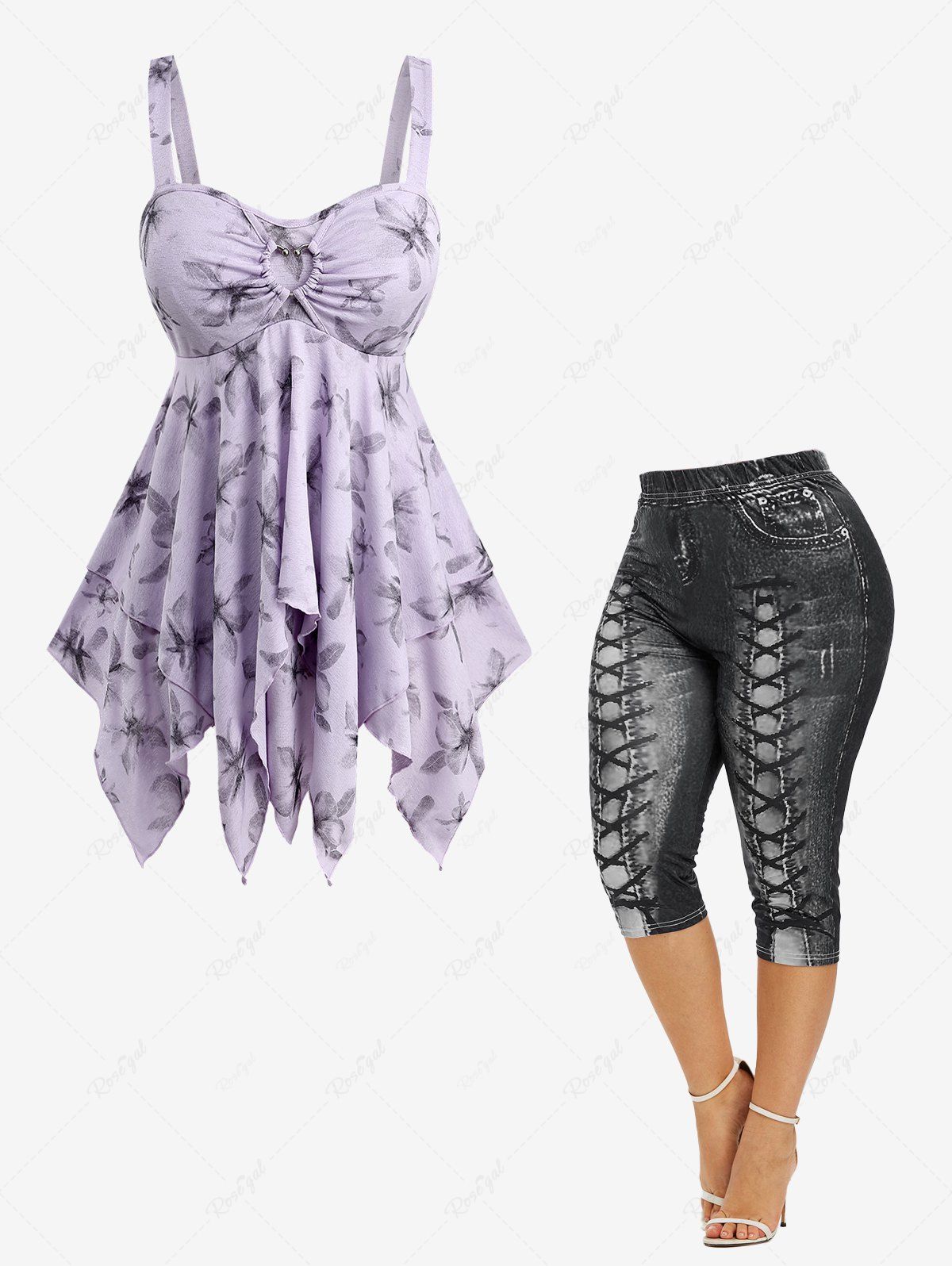 Floral Graphic Handkerchief Asymmetric Top and 3D Lace Up Jean Print Capri Leggings Plus Size Outfit Violet clair 