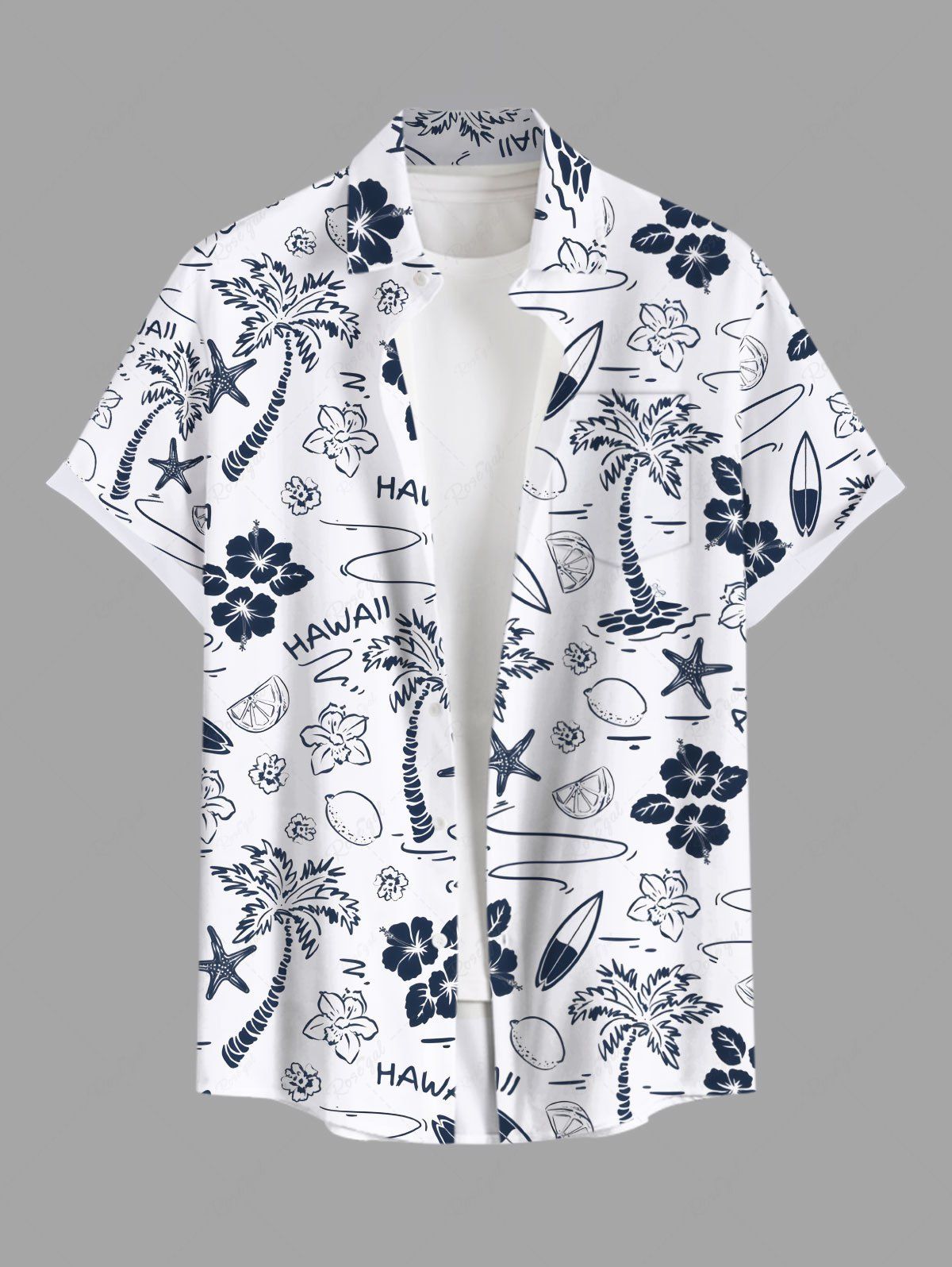 New Plus Size Coconut Tree Floral Lemon Starfish Sailboat Print Hawaii Button Pocket Shirt For Men  