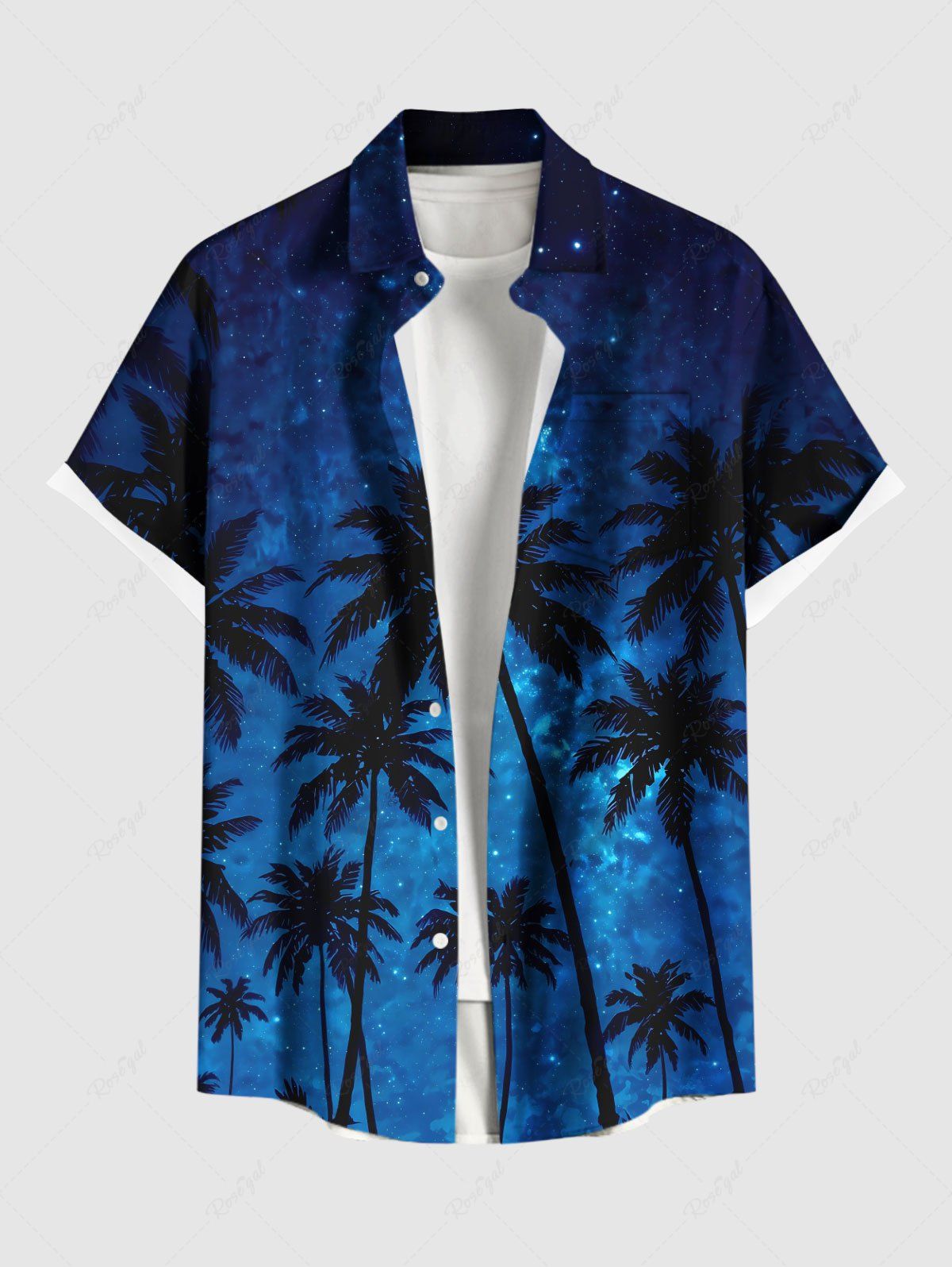 Shop Plus Size Coconut Tree Glitter Galaxy Print Hawaii Button Pocket Shirt For Men  