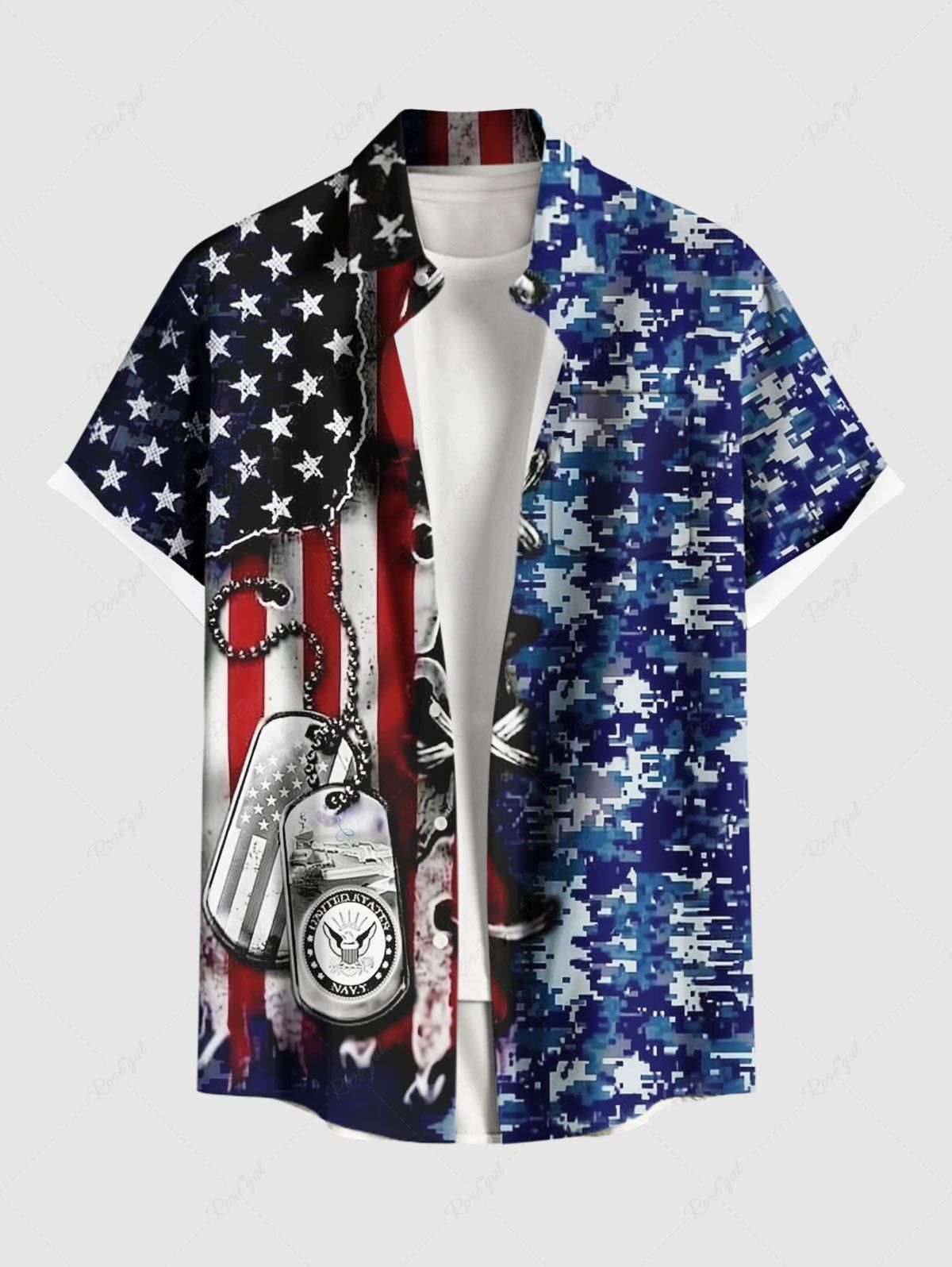 Best Plus Size 3D Lace Up Patriotic American Flag Camouflage Chain Print Button Pocket Shirt For Men  