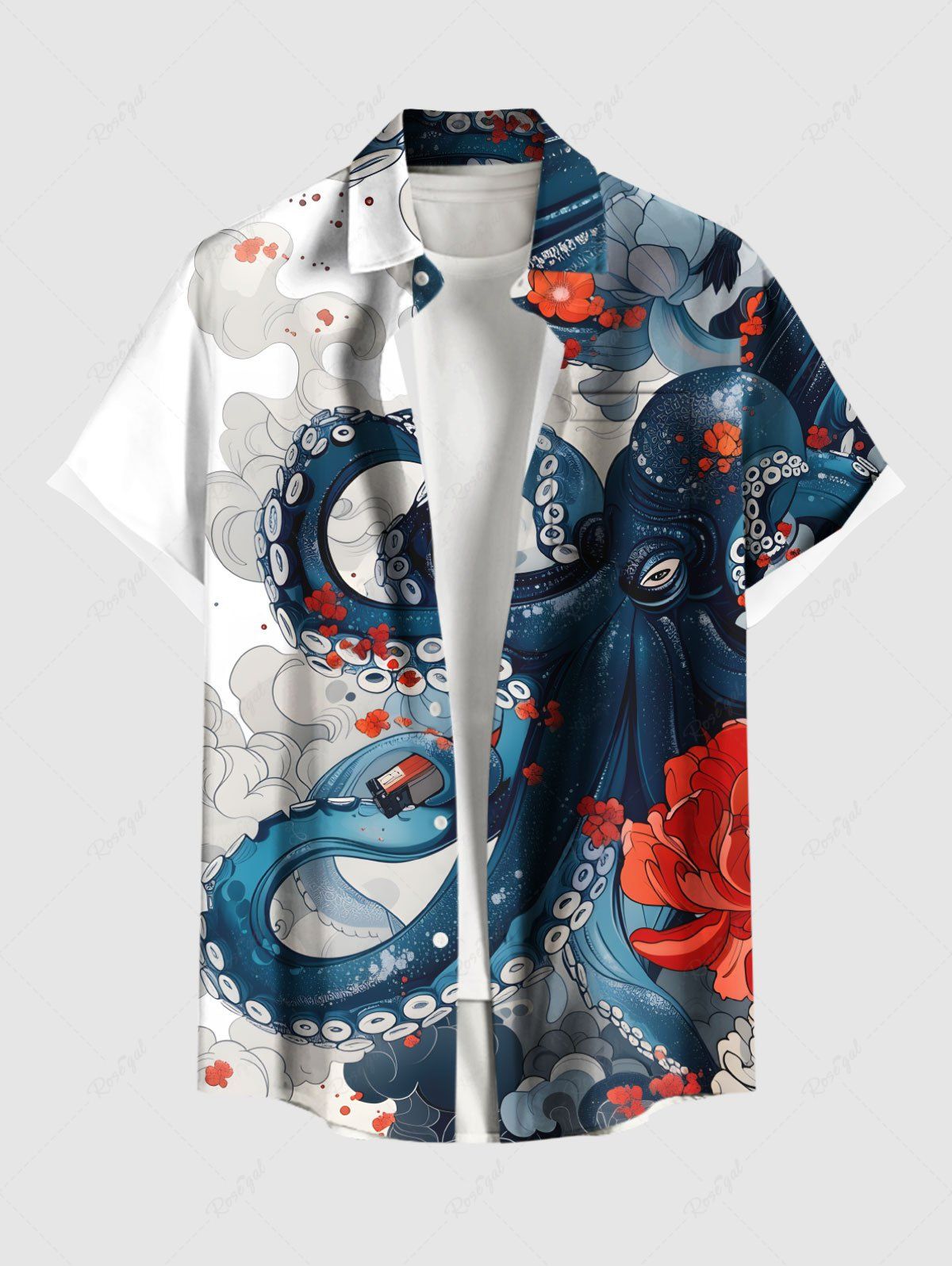 Shop Plus Size Octopus Flower Cloud Print Hawaii Button Pocket Shirt For Men  