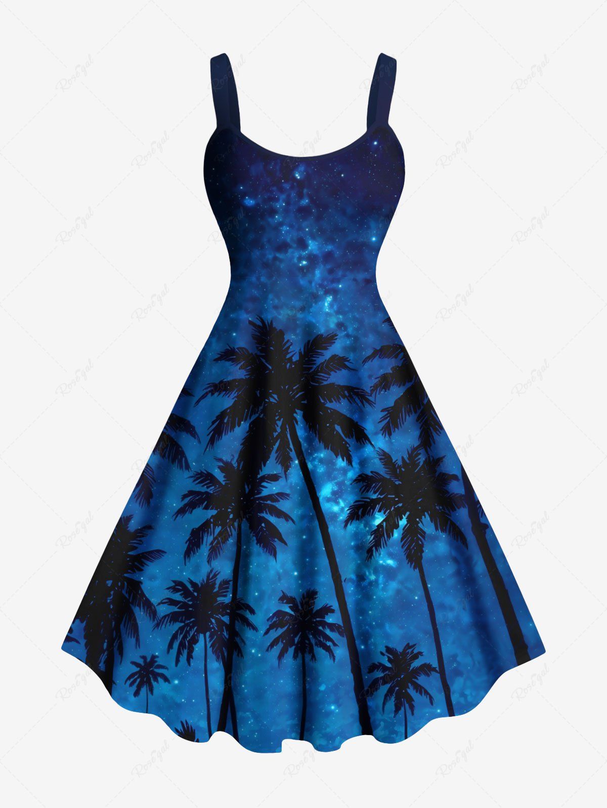 Fashion Plus Size Coconut Tree Glitter Galaxy Print Hawaii A Line Tank Dress  