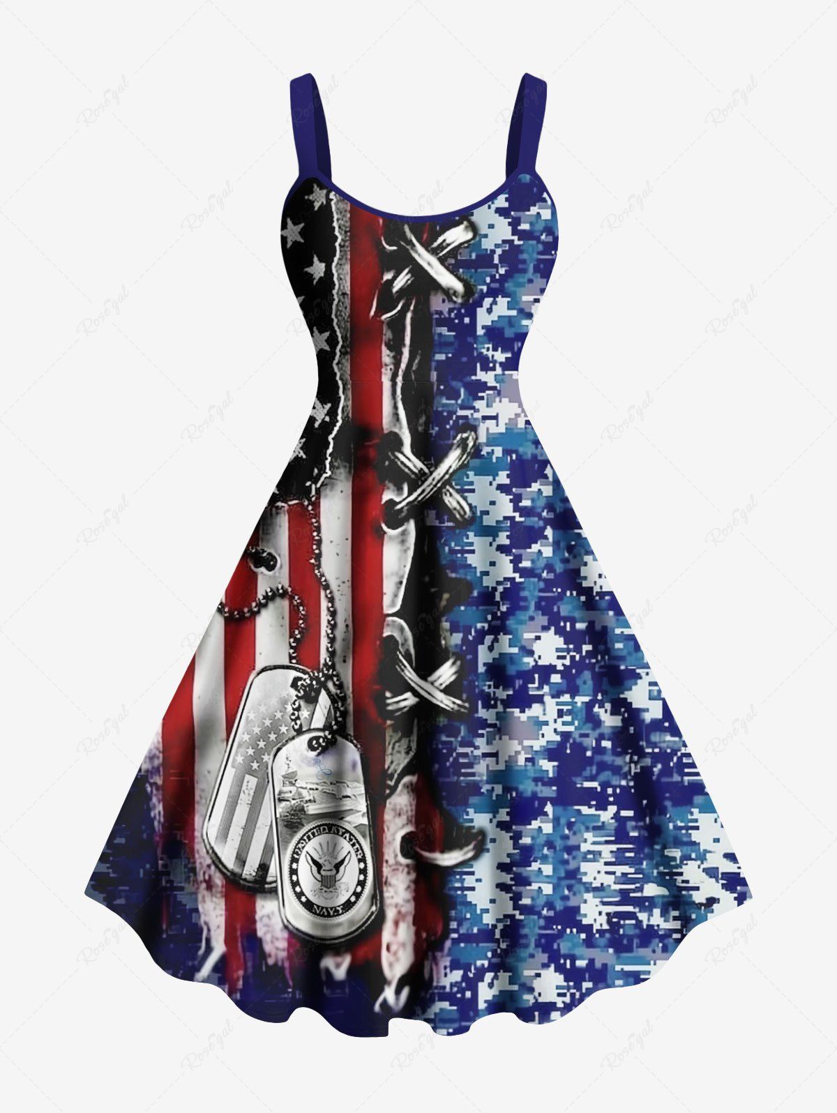 Outfits Plus Size 3D Lace Up Patriotic American Flag Camouflage Chain Print A Line Tank Dress  