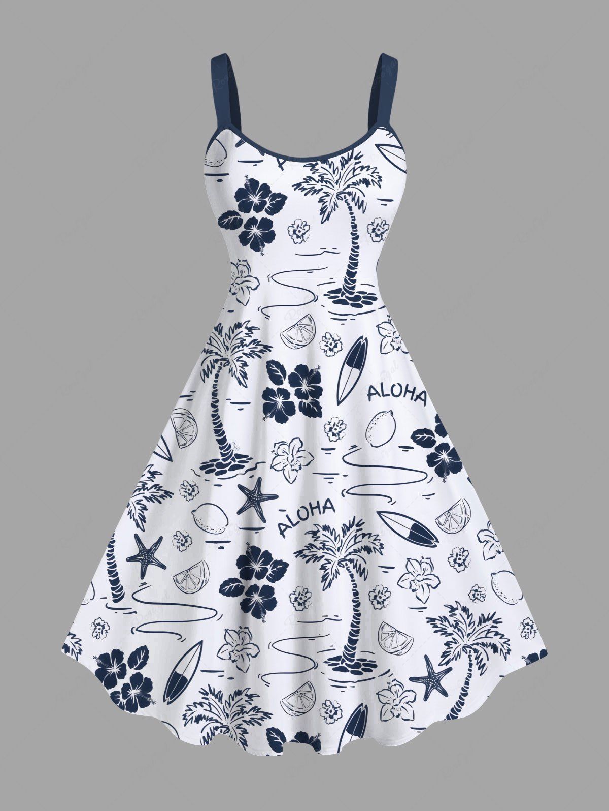 Fancy Plus Size Coconut Tree Floral Lemon Starfish Sailboat Print Hawaii A Line Tank Dress  