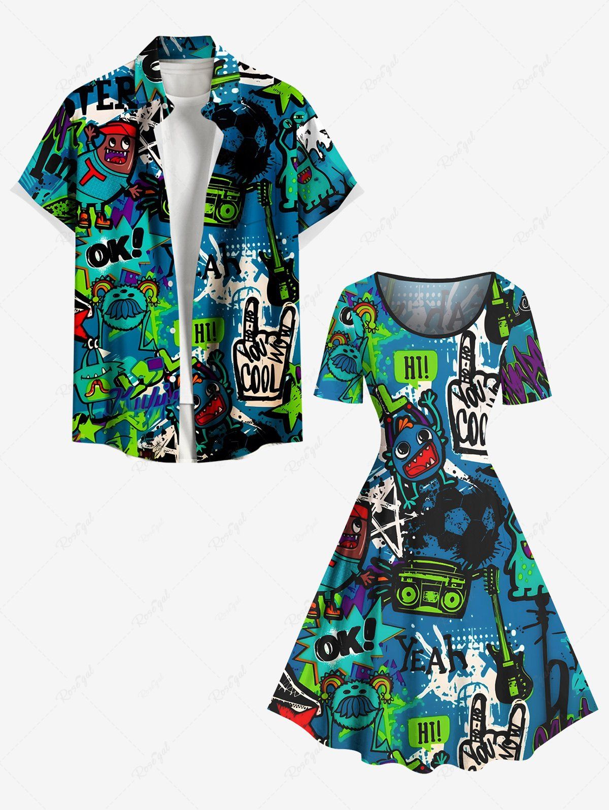 Shops Cartoon Monster Tape Star Letters Graffiti Print Plus Size Matching Hawaii Music Beach Outfit For Couples  