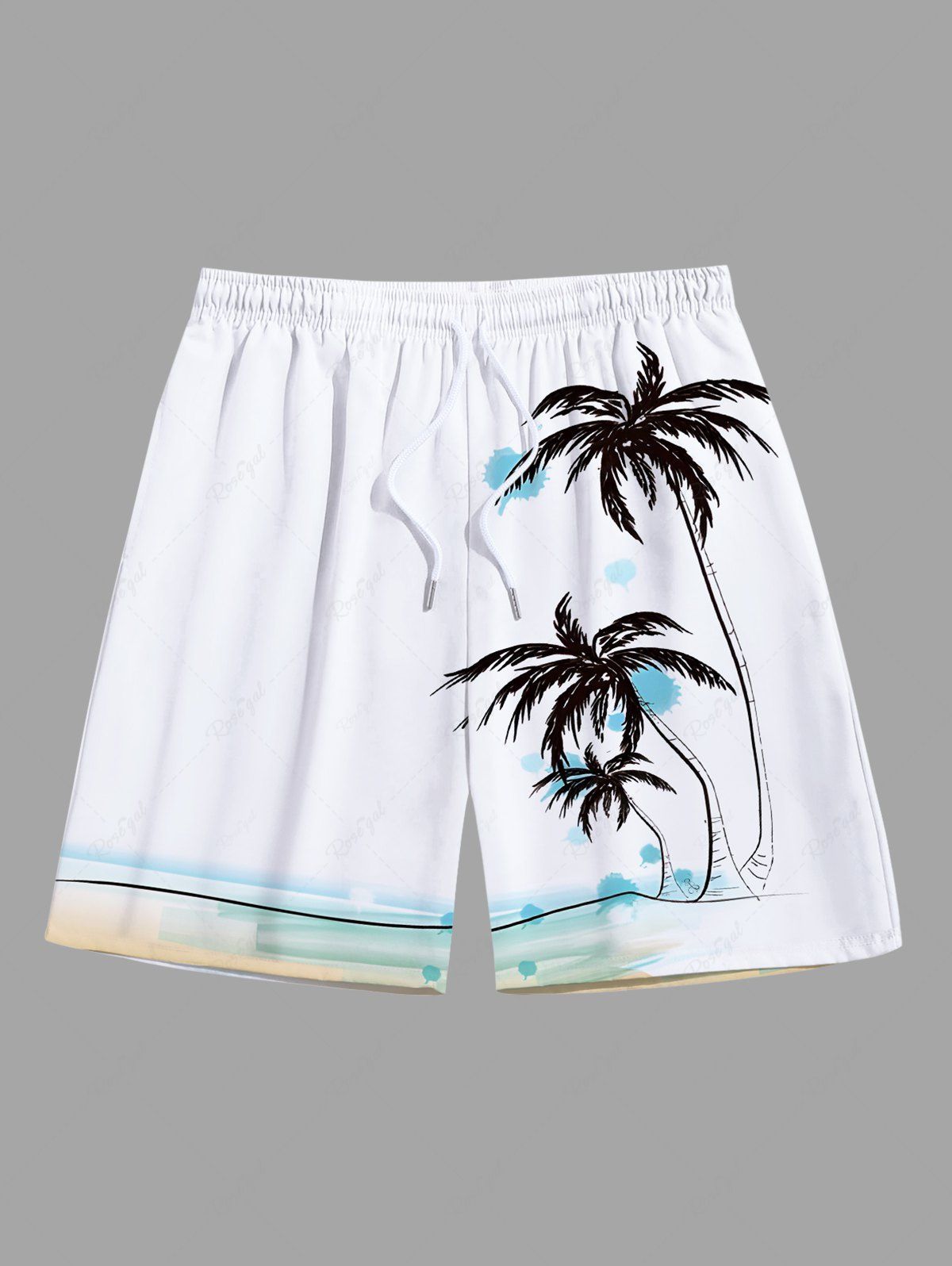 Best Plus Size Watercolor Sea Coconut Tree Print Hawaii Drawstring Beach Shorts For Men  