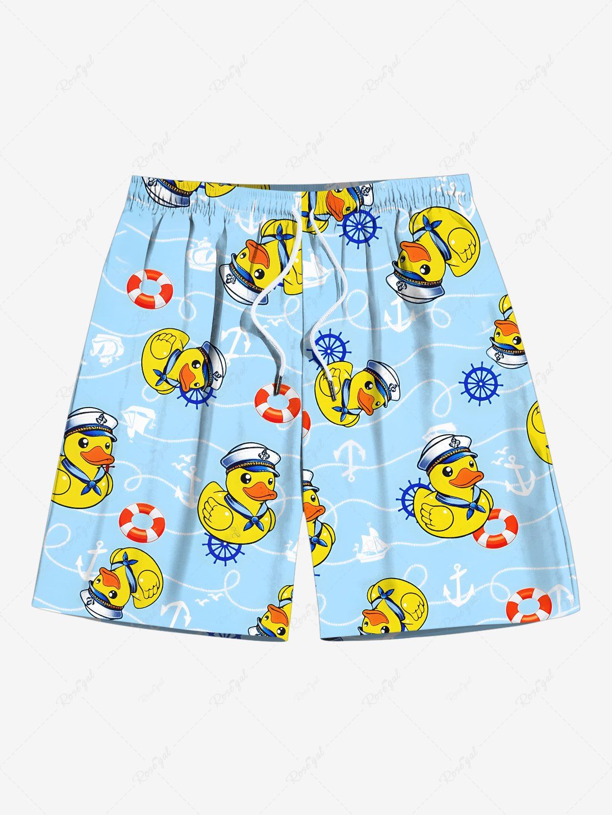 Store Plus Size Duck Swimming Ring Anchor Print Hawaii Cruise Drawstring Beach Shorts For Men  
