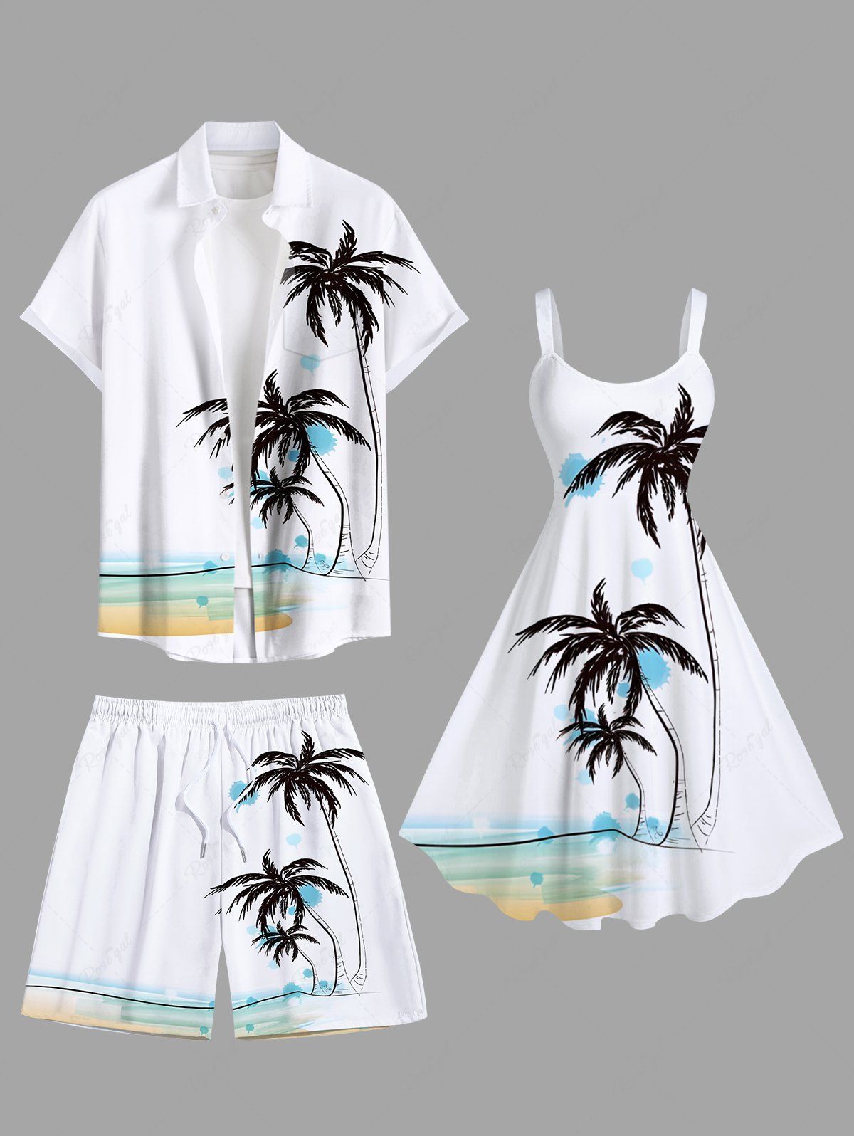 New Coconut Tree Watercolor Beach Print Plus Size Matching Hawaii Beach Outfit For Couples  