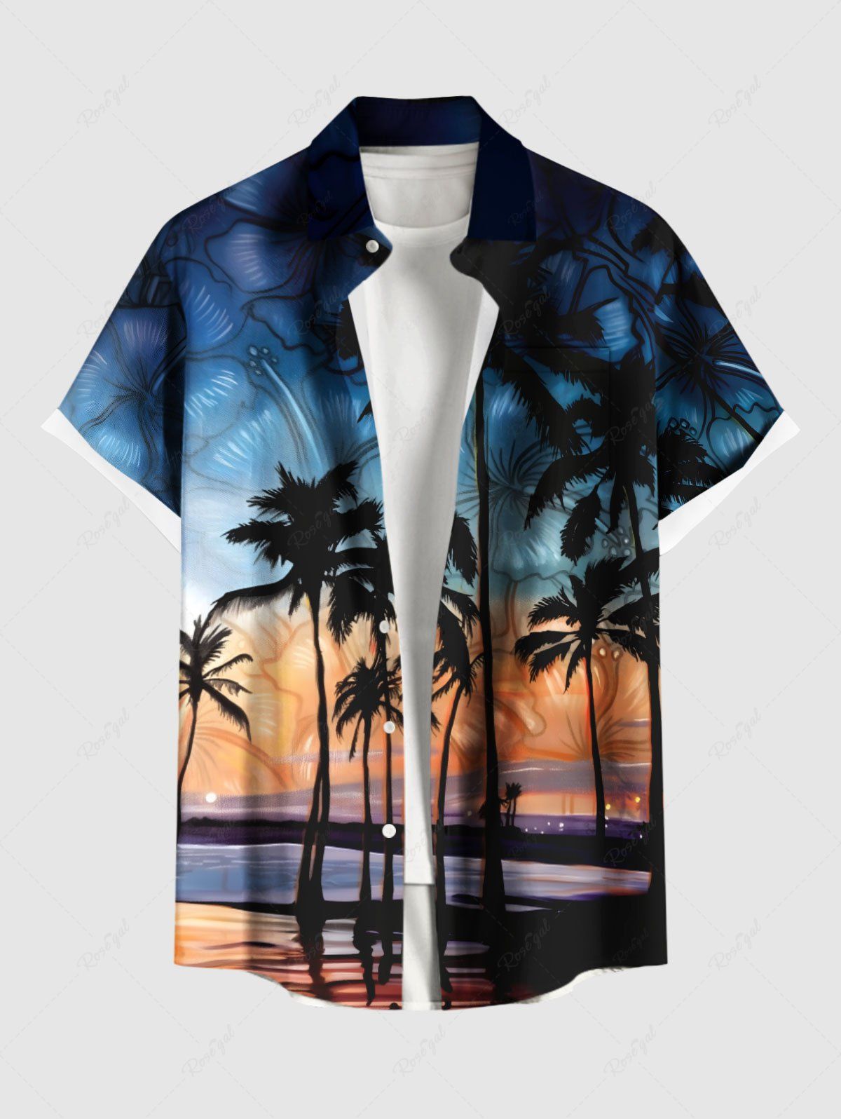 Hot Plus Size Coconut Tree Tropical Flowers Seascape Print Buttons Pocket Hawaii Shirt For Men  